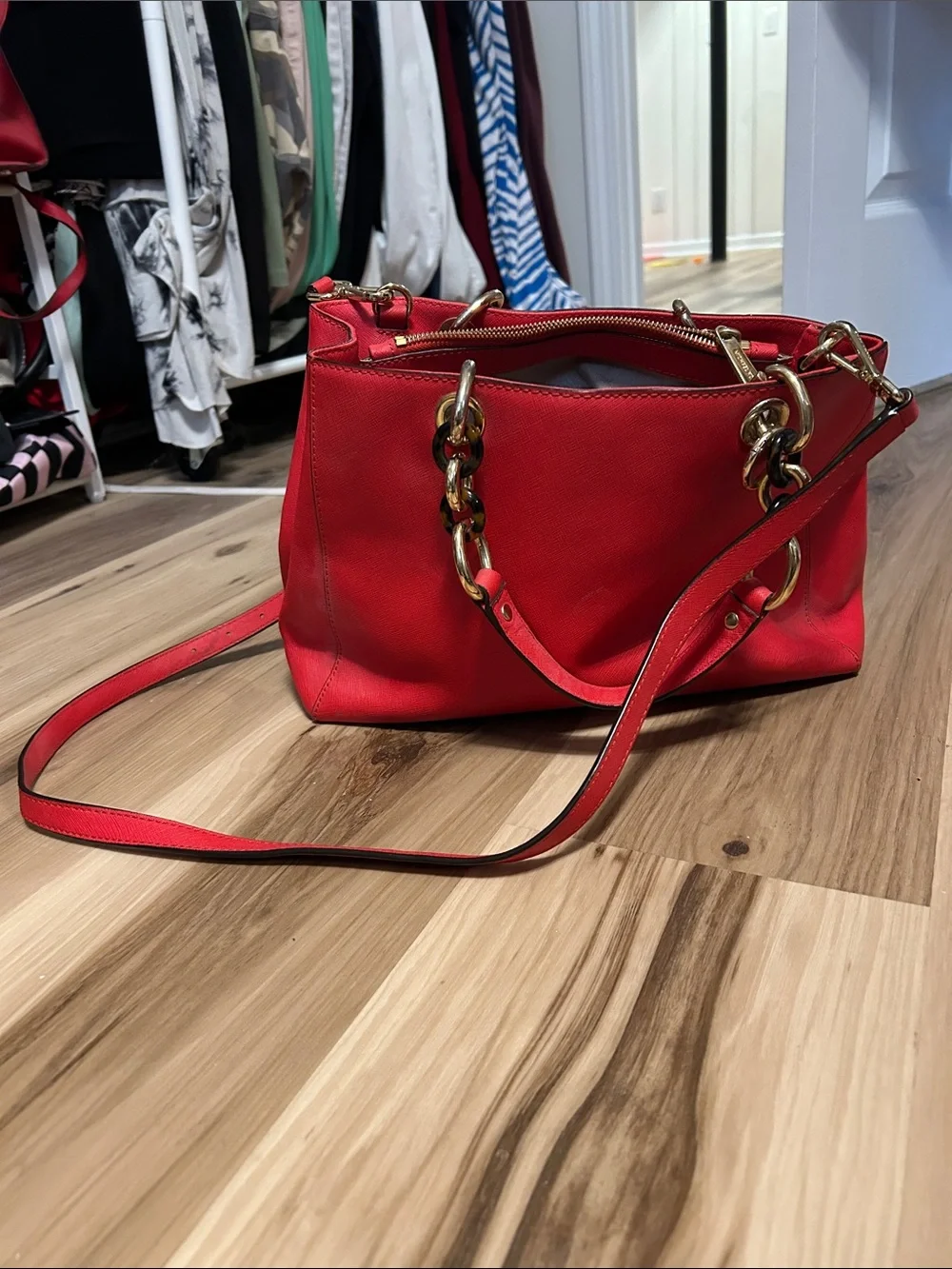 Michael Kors Red Leather Shoulder Bag with Gold Chain Accents